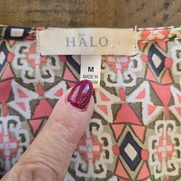 Halo Red Cream Multicolor Geometric Print Long Sleeve Boho Blouse M - Picture 6 of 8